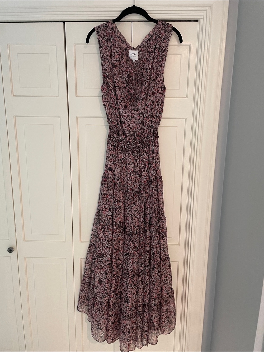 Misa Los Angeles Pink and Black Floral Tiered Maxi Dress